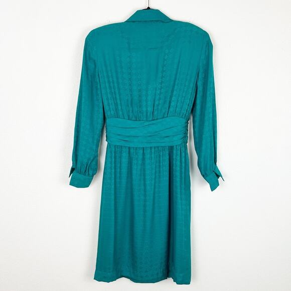 Vintage 80s Teal Silk Dress Wide Wrap Waist Shoulder Pads - Picture 5 of 11